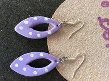 Load image into Gallery viewer, Purple Leather Hand Painted Earrings with White Polka Dots
