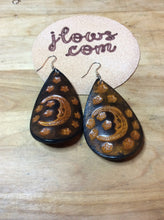 Load image into Gallery viewer, Celestial Moon and Stars Leather Earrings in Teardrop Shape
