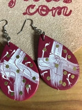 Load image into Gallery viewer, Bohemian Leather Teardrop Earrings in Raspberry with Abstract Design
