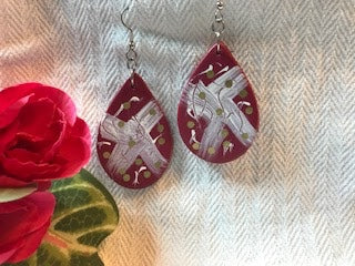 Bohemian Leather Teardrop Earrings in Raspberry with Abstract Design