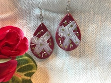 Load image into Gallery viewer, Bohemian Leather Teardrop Earrings in Raspberry with Abstract Design
