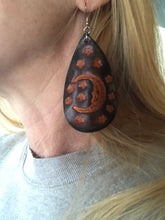 Load image into Gallery viewer, Celestial Moon and Stars Leather Earrings in Teardrop Shape
