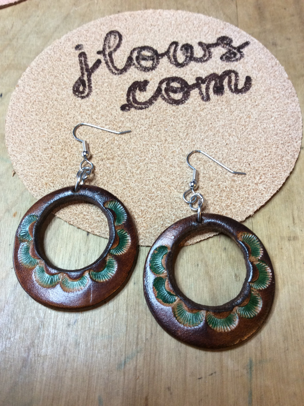 Leather Hoop Earrings Hand Tooled and Painted
