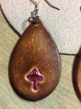 Load image into Gallery viewer, Boho Teardrop Leather Earrings with Hand Tooled Mushrooms
