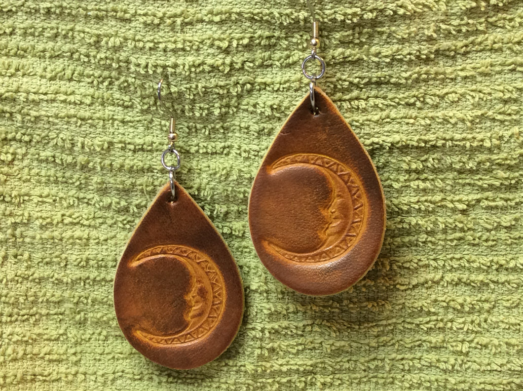 Celestial Moon Earrings Leather Teardrop