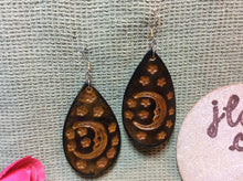 Load image into Gallery viewer, Celestial Moon and Stars Leather Earrings in Teardrop Shape
