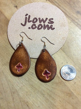 Load image into Gallery viewer, Boho Teardrop Leather Earrings with Hand Tooled Mushrooms
