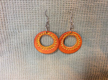 Load image into Gallery viewer, Orange Leather and Yellow Hoop Earrings
