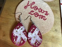 Load image into Gallery viewer, Bohemian Leather Teardrop Earrings in Raspberry with Abstract Design
