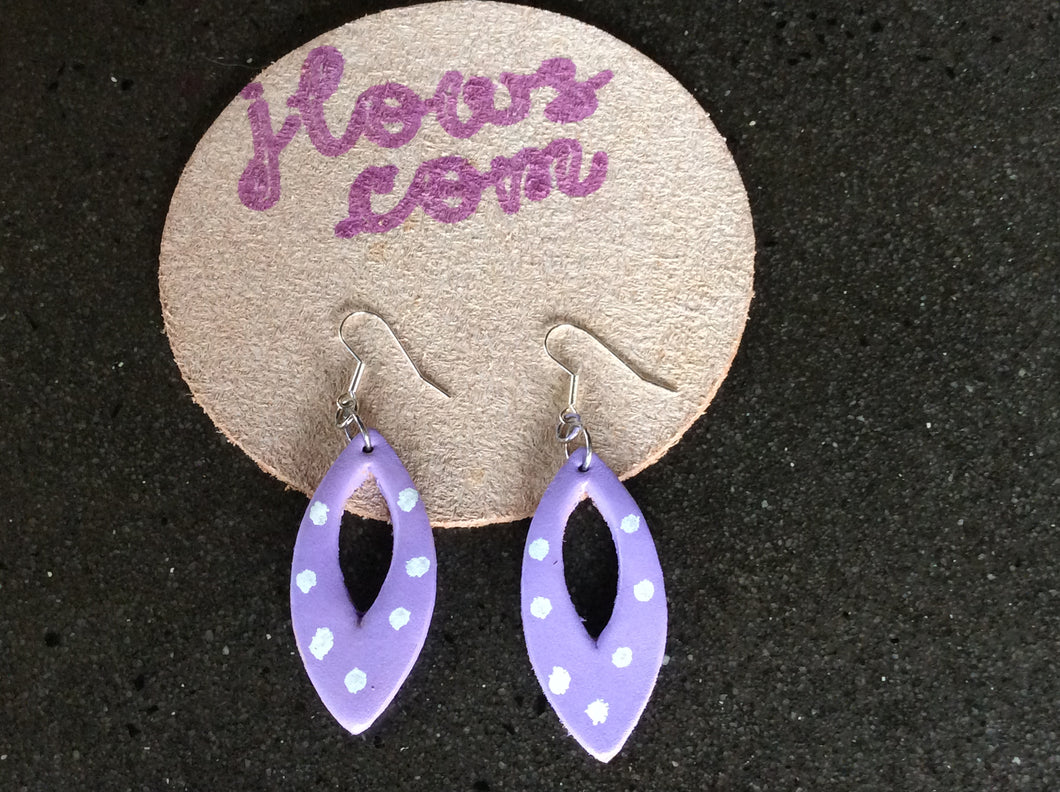 Purple Leather Hand Painted Earrings with White Polka Dots