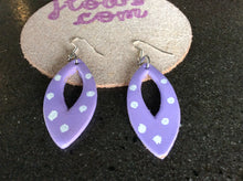 Load image into Gallery viewer, Purple Leather Hand Painted Earrings with White Polka Dots
