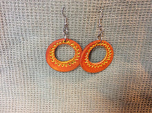 Load image into Gallery viewer, Orange Leather and Yellow Hoop Earrings
