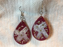 Load image into Gallery viewer, Bohemian Leather Teardrop Earrings in Raspberry with Abstract Design
