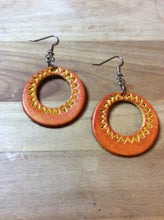 Load image into Gallery viewer, Orange Leather and Yellow Hoop Earrings
