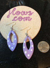 Load image into Gallery viewer, Purple Leather Hand Painted Earrings with White Polka Dots
